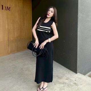 เดรสแขนกุด ทรงถ่วงยาว ผ้าไหมพรม แต่งแหวกข้าง ผ้ายืดตามตัว สาวอวบใส่ได้ เรียบหรูดูแพง รุ่น น้ำพุ