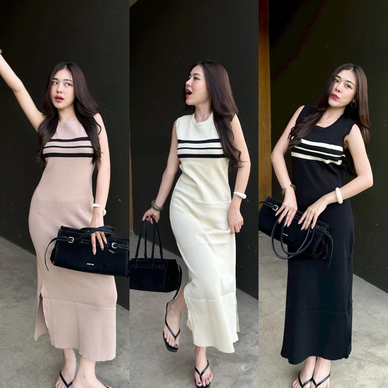 เดรสแขนกุด ทรงถ่วงยาว ผ้าไหมพรม แต่งแหวกข้าง ผ้ายืดตามตัว สาวอวบใส่ได้ เรียบหรูดูแพง รุ่น น้ำพุ
