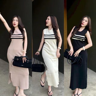 เดรสแขนกุด ทรงถ่วงยาว ผ้าไหมพรม แต่งแหวกข้าง ผ้ายืดตามตัว สาวอวบใส่ได้ เรียบหรูดูแพง รุ่น น้ำพุ