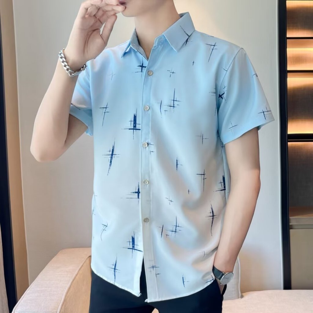 เสื้อเชิ้ตแขนสั้นคอกลมผ้าใยสังเคราะห์มีสองสี M - 3 XL