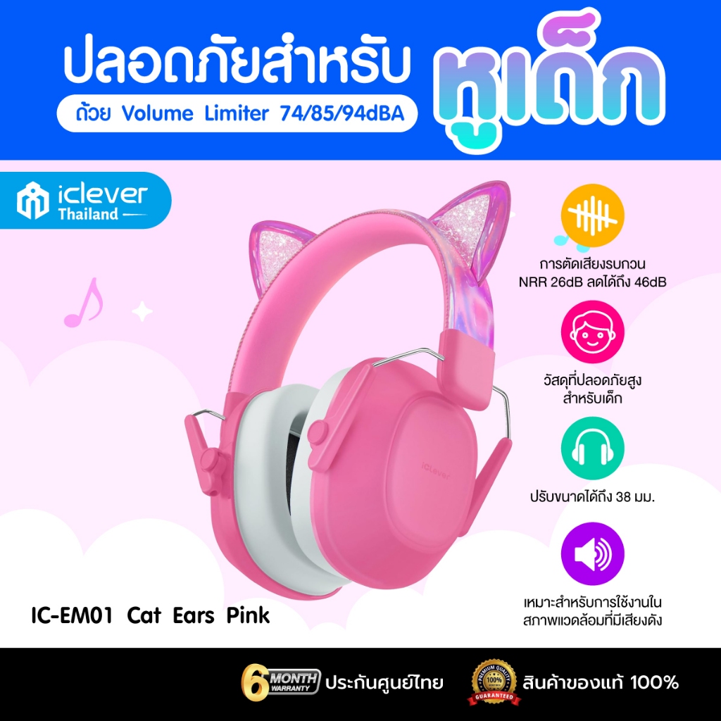[ประกันศูนย์ไทย] ที่ปิดหูกันเสียงสำหรับเด็ก iClever IC-EM01 Kids Ear Muffs ปกป้องการได้ยินจากเสียงดัง
