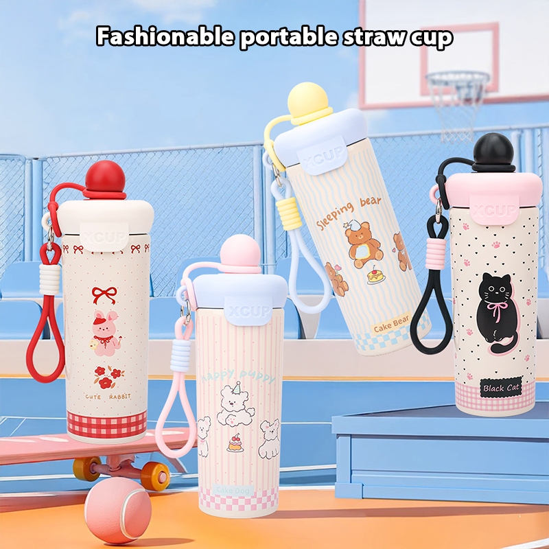 กระบอกน้ำเก็บความเย็น ถ้วยฉนวนสแตนเลส 316การ์ตูนถ้วยกาแฟน่ารัก 600ML เชือกมือแบบพกพา ถ้วยน้ำฟาง T01310