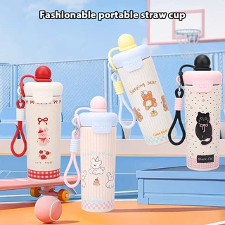 กระบอกน้ำเก็บความเย็น ถ้วยฉนวนสแตนเลส 316การ์ตูนถ้วยกาแฟน่ารัก 600ML เชือกมือแบบพกพา ถ้วยน้ำฟาง T01310