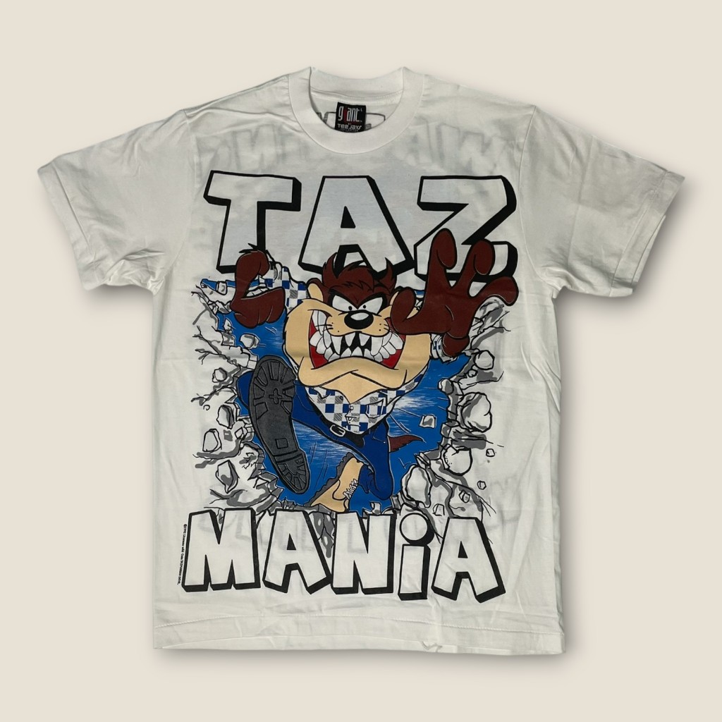 เสื้อการ์ตูนวินเทจ Tazmanian Devil สีขาว ลาย Taz Mania สกรีนใหญ่เต็มตัวหน้า-หลัง งานป้าย Giant
