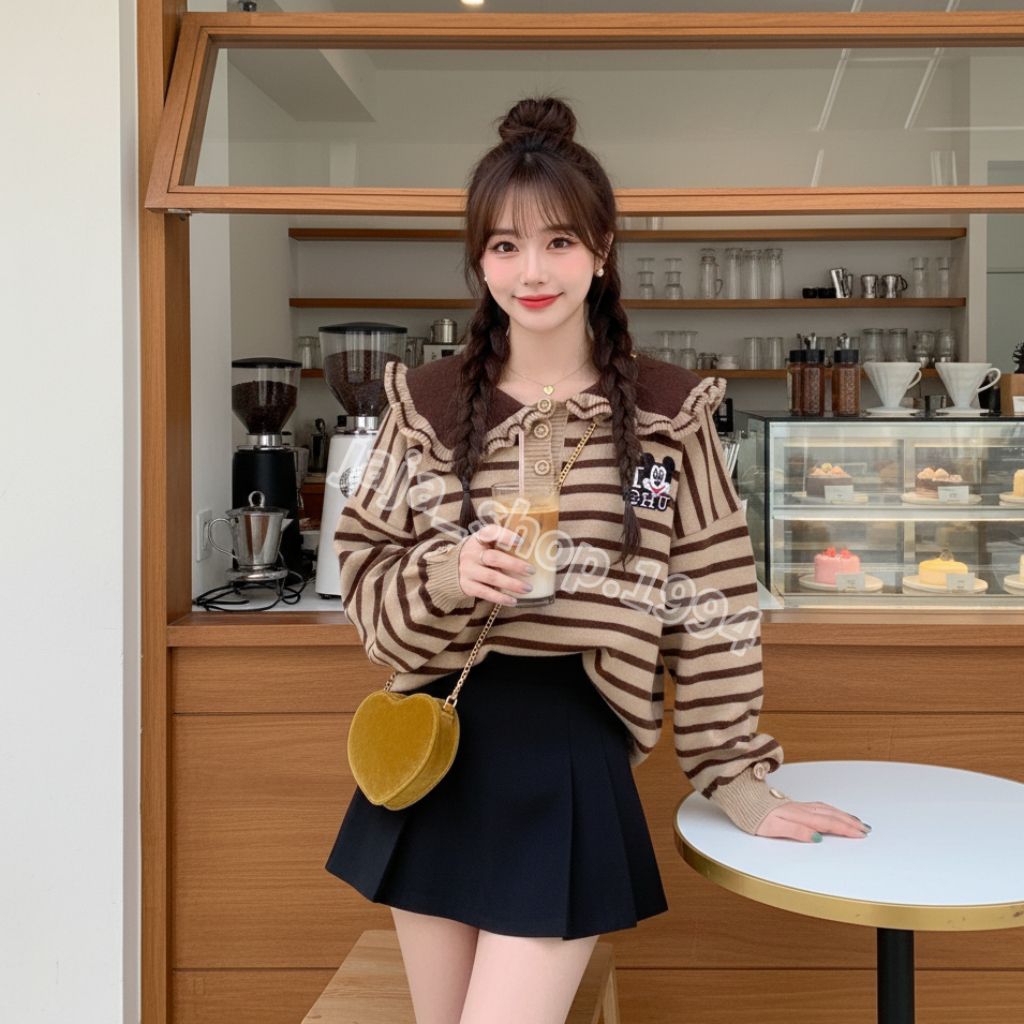 เสื้อไหมพรมแขนยาวสไตล์เกาหลีสุดน่ารัก โดดเด่นด้วยลายทางและคอบัว ดีไซน์คอมีกระดุมผ่าหน้าเล็กน้อย เหมาะกับช่วงฤดูหนาว