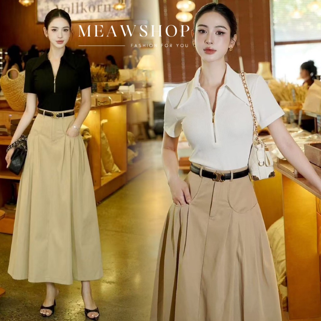 S-XL Set เสื้อผ้าร่องคอปกแต่งชิป+ กระโปรง+เข็มขัดอะไหล่ทอง ชุดออกงาน ชุดไปทะเล ชุดไปเที่ยว ชุดทำงานผ