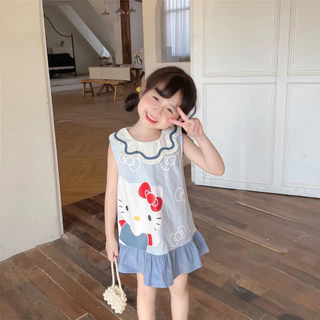 สาวกระโปรงเสื้อกั๊ก มินิเดรสเด็กผู้หญิง ฤดูร้อนใหม่ชุดการ์ตูนหวานกลีบคอแขนกุดทารกกระโปรงเจ้าหญิง 1-9 ปี