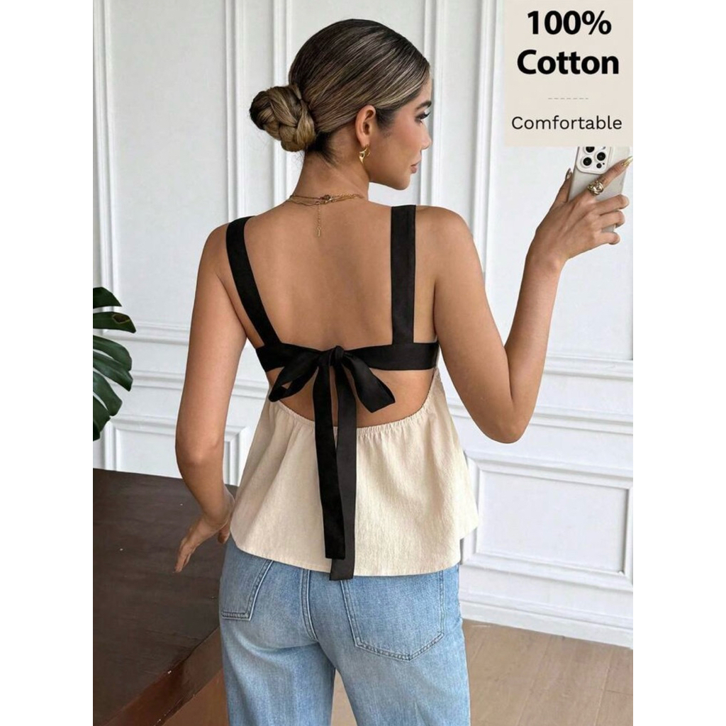 เสื้อสายเดี่ยวผู้หญิง ระบาย สีคอนทราสท์ ดีไซน์เปิดหลัง ทวิสต์ แฟชั่น คามิโซล