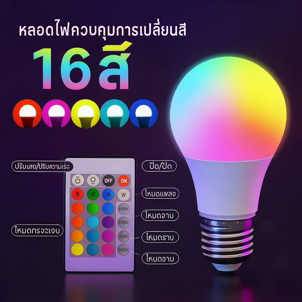 หลอดไฟเปลี่ยนสี RGB16สี 12W รีโมทควบคุม ปรับแสงได้ LED E27 ไฟแต่งห้อง ไฟปาร์ตี้ ไฟกลางคืน สมาร์ทไลท์