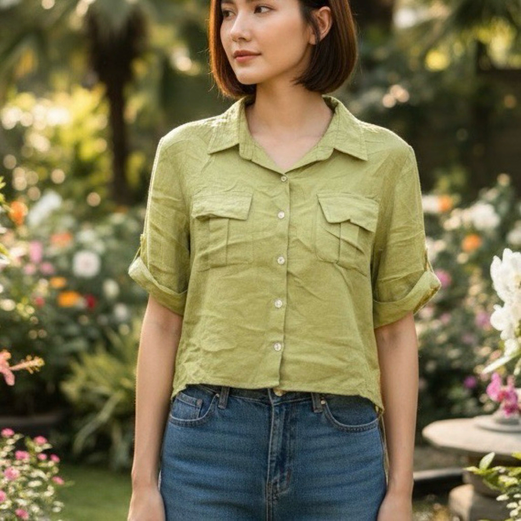 เสื้อเชิ้ต มือสอง ป้าย sawat bt สีเขียว แขนสั้น