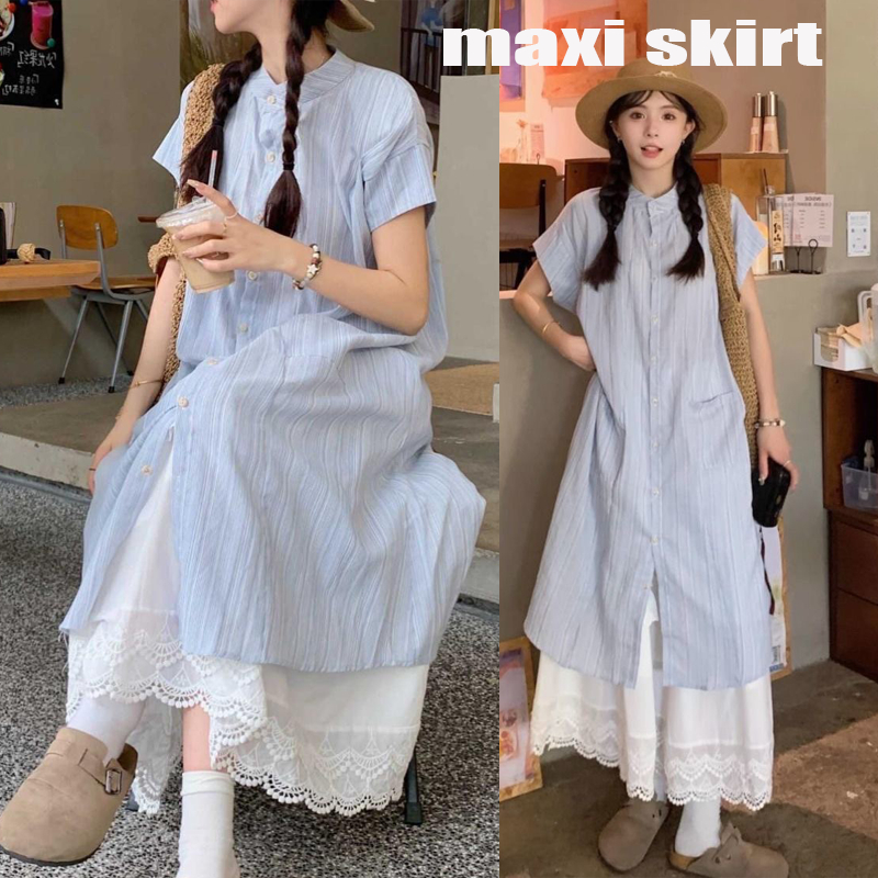 Dahong 99236  ชุดเเซ็ต 2 ชิ้น เดรสคลุม+กระโปรง กระโปรงทรงเอ แต่งปลายผ้าโปรงลูกไม้ ลุคญี่ปุ่นละมุน  ด