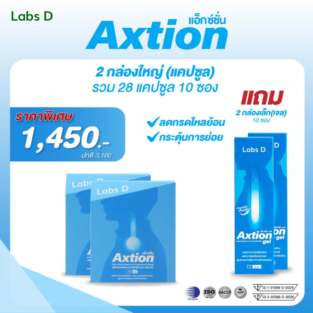 Axtion Cap [ 2 กล่องใหญ่ แถมเจล 10 ซอง ] อาหารเสริมรักษากรดไหลย้อน แน่นท้อง จุกเสียด โรคกระเพาะ เรอเปรี้ยว | By Labs D