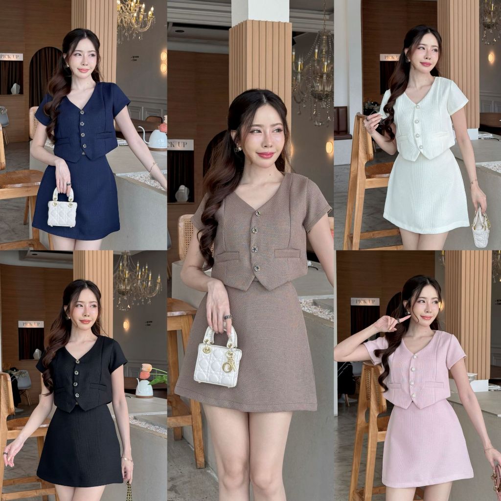 [S-3XL]ชุดเซ็ทผ้าวาฟเฟิลเสื้อคอวีกระโปรงสั้นซิปหลัง