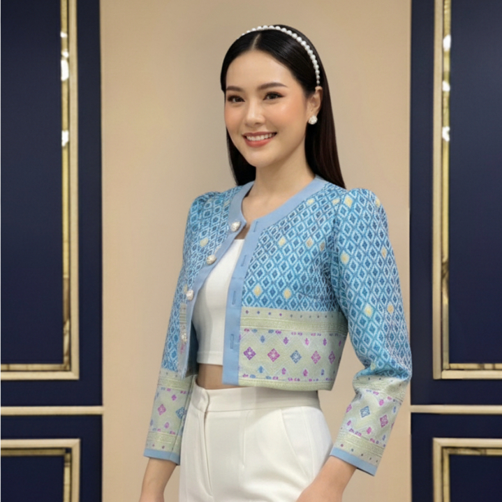 เสื้อคลุมผ้าไทย ยาว 17 นิ้ว ผ้าทอลายอัดกาว มีหลายสี ไซส์ S-4XL
