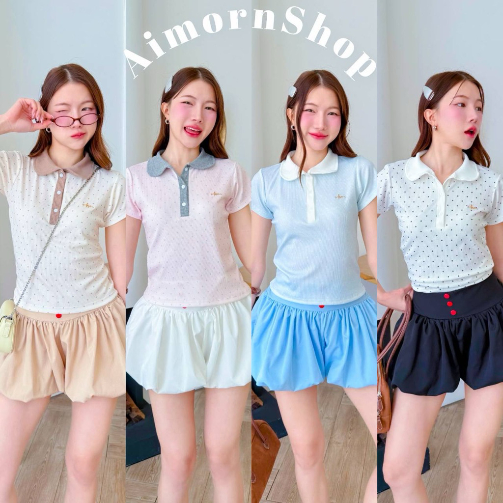 🔥aimorn_shop🔥เสื้อครอปคอปก ลายจุด งานสวยมาก ติดอะไหล่หน้าอก ผ้าใส่สบายสุดๆ แมทช์ง่าย