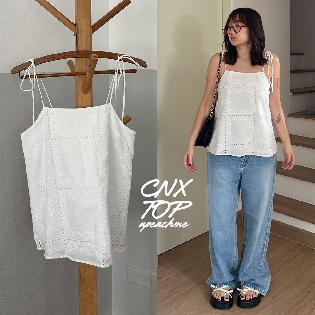 *พร้อมส่ง* Upeachme - CNX TOP เสื้อสายเดี่ยวลูกไม้ผูกโบว์ไหล่ สายเดี่ยวผูกบ่า สายเดี่ยวคอตตอนลูกไม้ส