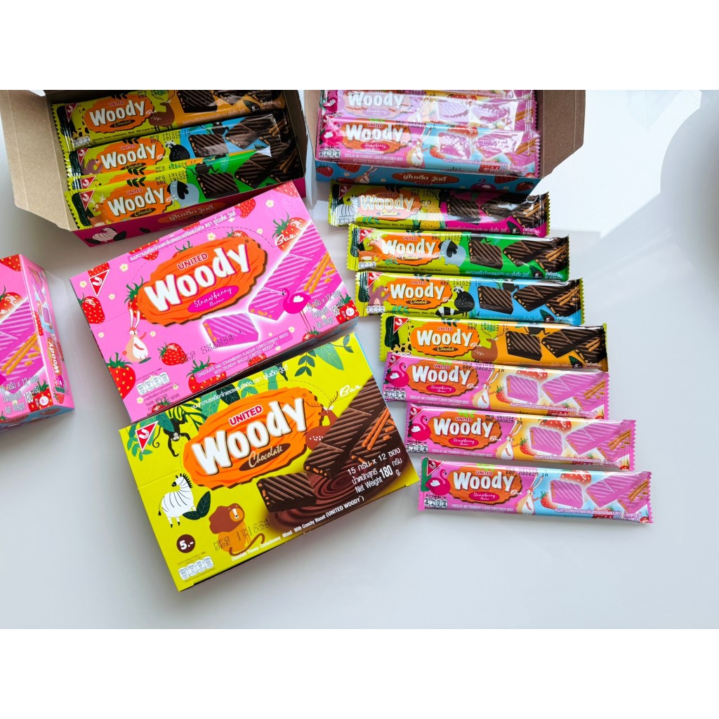 United Woody วู้ดดี้ (1กล่อง 12 แท่ง) ขนมช็อคโกแลตบาร์ ผสมบิสกิต และอัลมอนด์บด (ขนาด 15 กรัม / ชิ้น)
