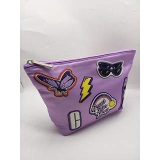 กระเป๋าเครื่องสำอางคลินิก ผ้าต่วนสีม่วงแวววาวเล็กน้อย พิมพ์ค…