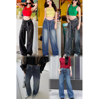 s-6XLรวมแบบ💎กางเกงยีนส์ขากระบอกแต่งเพชรหน้าหลังทรงสวยเพิ่มเข…