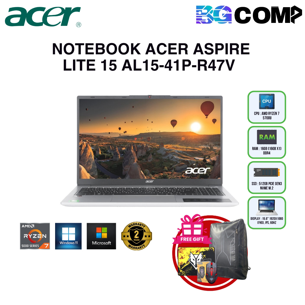 Acer Aspire Lite 15 AL15-41P-R47V/R7-5700U/16GB/512GB/UMA/15.6"/W11_Office/Light Silver/3Y