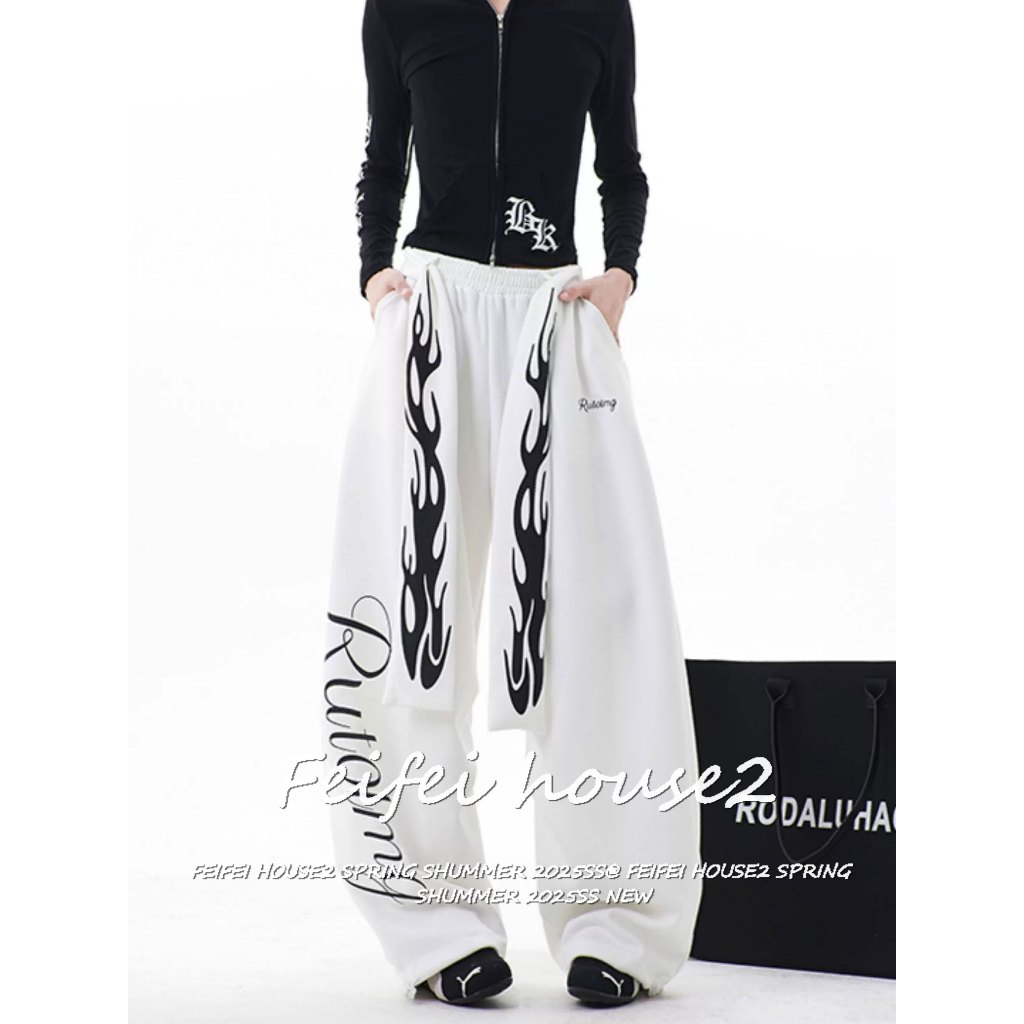 [Flame Print Lace-up Wide-Leg Pants]กางเกงขากว้างพิมพ์ลายเปลวไฟสไตล์สตรีทแดนซ์แจ๊สอเมริกันฤดูร้อน
