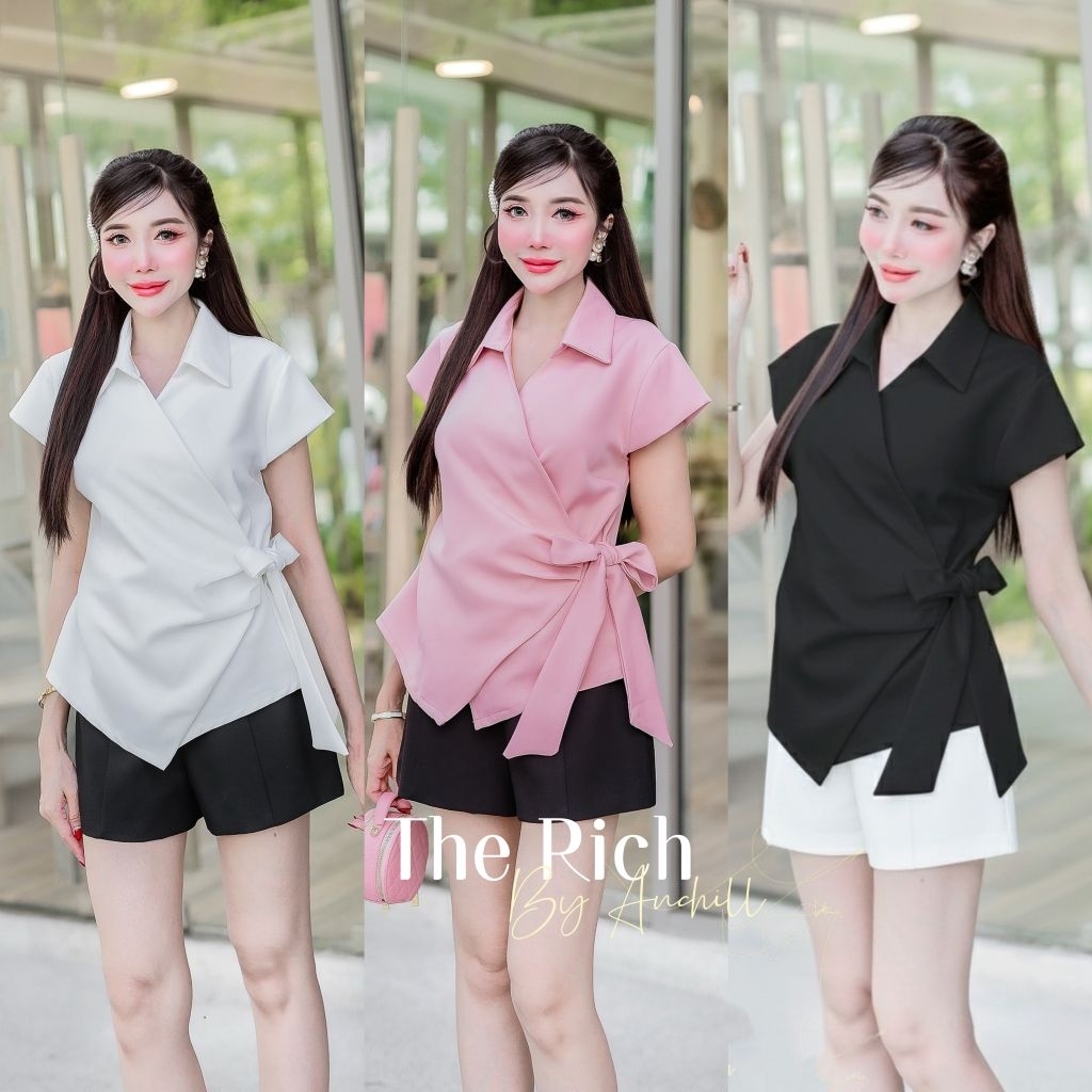เสื้อปกเชิ้ตป้ายข้างผูกโบว์ น่ารัก เรียบหรู ดูสวยแพง ใส่เที่ยว ออกงาน ทำงานได้ครบ