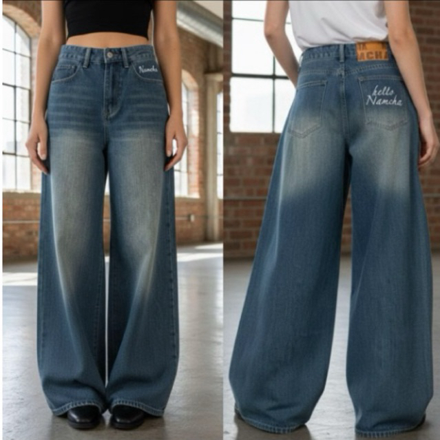 กางเกงยีนส์ Baggy เอวสูง ปัก Namcha พร้อมส่ง