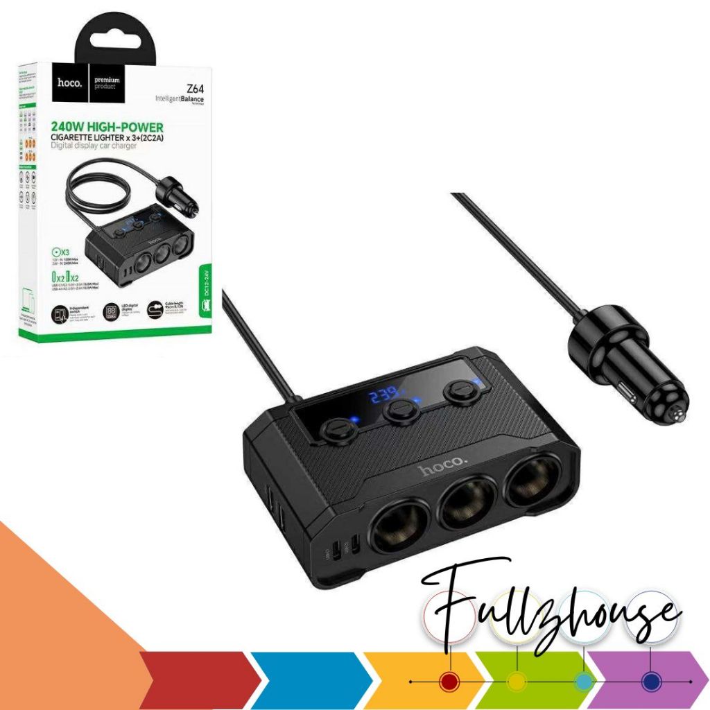 จัดส่งด่วน Hoco Z64 240W HIGH-POWER LIGHTER x 3 + (2C2A) Digital display car charger อุปกรณ์เพิ่มช่อ