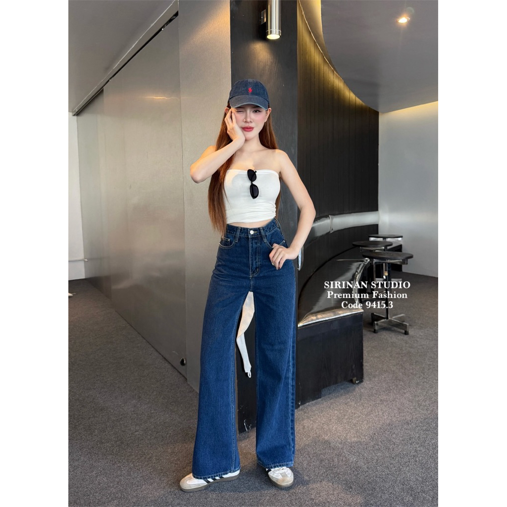 Sirinan Studio ยีนสก์ระบอกกลางเอวสูงสียีนส์เข้ม ยีนส์แท้(ผ้าไม่ยืด) - รูปที่ 3