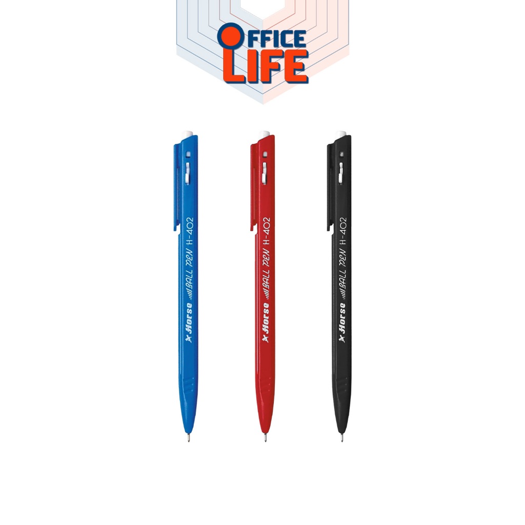 Horse (ตราม้า) ปากกาลูกลื่น ปากกา รุ่น H-402 หมึกน้ำเงิน ดำ แดง ( 1 ด้าม )
