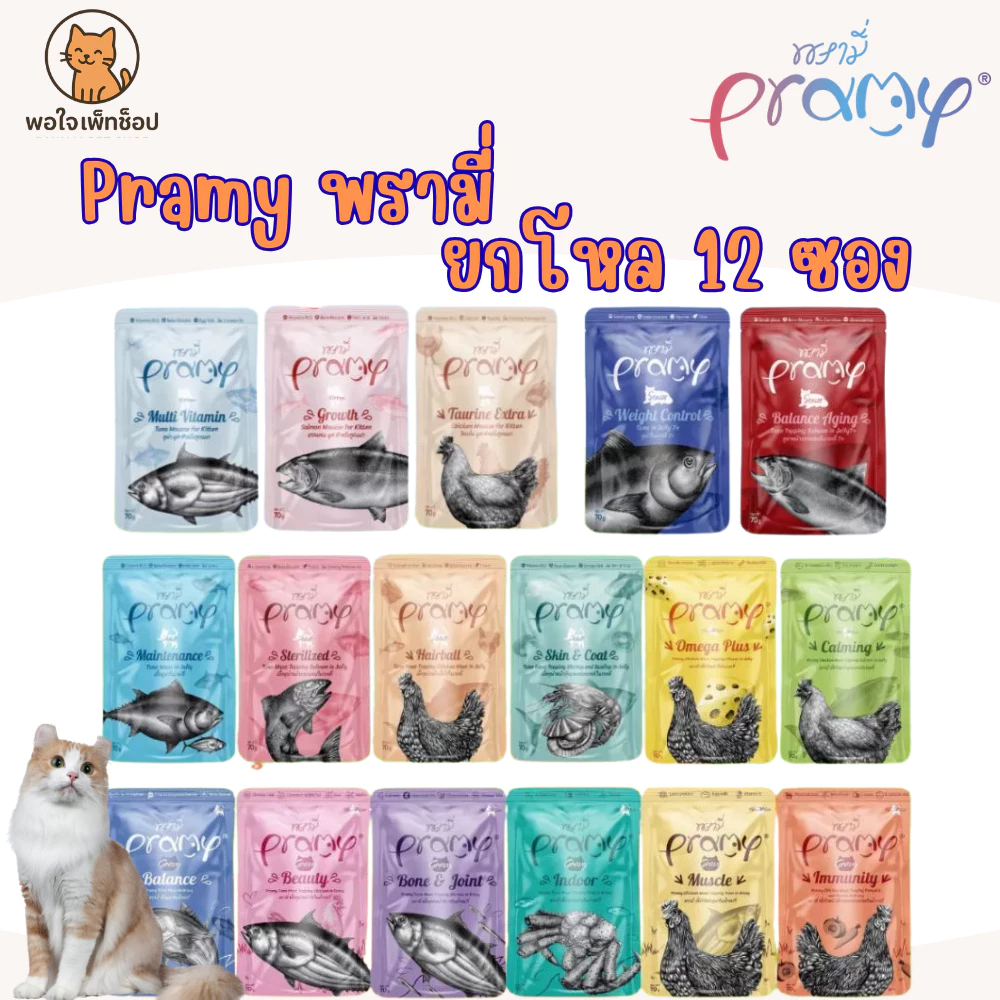 Pramy พรามี่ ยกโหล 12ซอง สุดคุ้ม อาหารเปียกแมว อาหารเปียกลูกแมว แมวสูงวัย มูส เกรวี่ เจลลี่ 70g