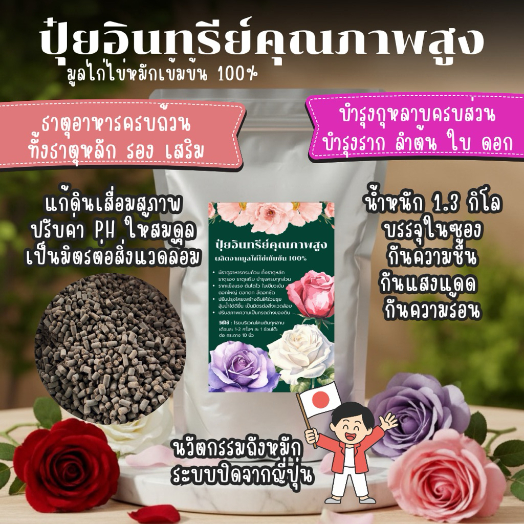 ปุ๋ยอินทรีย์คุณภาพสูง 1300 กรัม เกรดพรีเมี่ยม มูลไก่ไข่แท้ 100% หมักอย่างสมบูรณ์ พร้อมใช้
