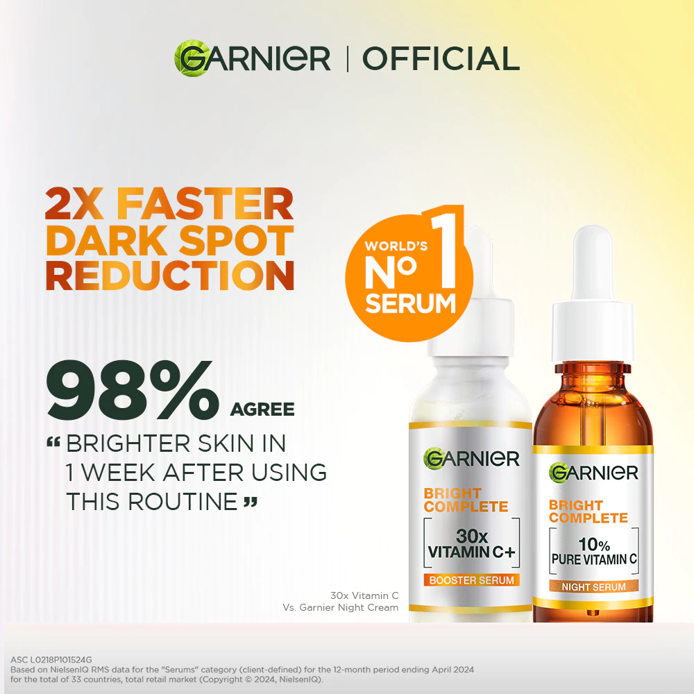 GARNIER 30X VITAMIN C SERUM 30ML+GARNIER BRIGHT COMPLETE VITAMIN C 10％ 30ML.คอมพลีท ไนท์ เซรั่ม 30กร