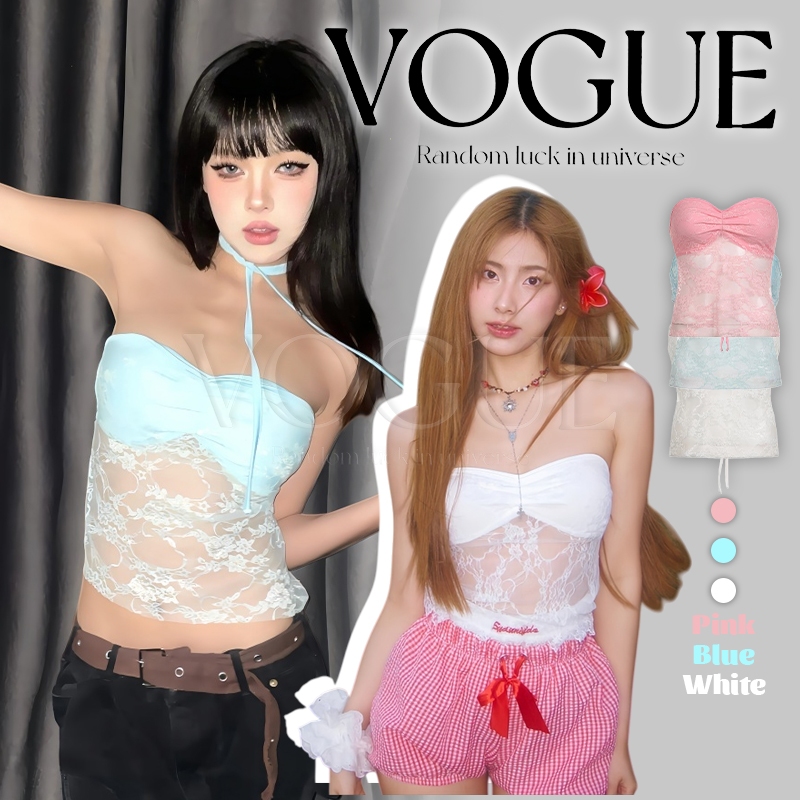 Vogue🌟พร้อมส่ง🌟 เสื้อเกาะอก เย็บจับจีบกลางอกแต่งผ้าลูกไม้ สไตล์เกาหลีa เซ็กซี่ เปิดไหล่ สีพื้น (FY2958)