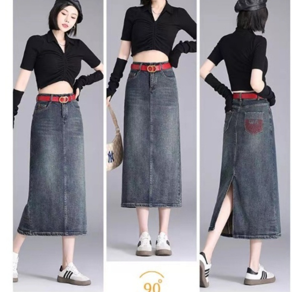 【GHAOHES】แฟชั่นเอวสูงกระโปรงยีนมิดิ  ผ่าหลัง   กระโปรงยีนส์ทรงตรง   วินเทจ สีน้ำเงิน  ทรงสวยมาก
