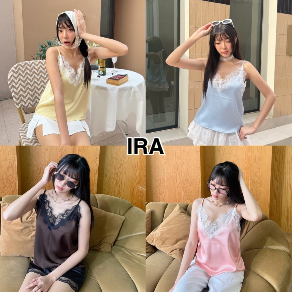 BY IRA (23283) Harmony top เสื้อสายเดี่ยวผู้หญิง สีพื้น แต่งลูกไม้  เสื้องานผ้าซาติน งานคอวี (ไม่มีซับใน)