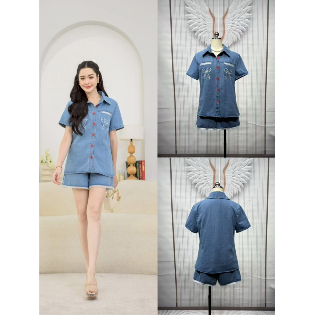 i36🎀M,L,3Xl,4Xl[อกใหญ่2เอวเล็ก1]เซตยีนส์ เสื้อกระดุมแดงปักโบว์ตรงอก กางเกงปักโบว์ แต่งชายลูกไม้