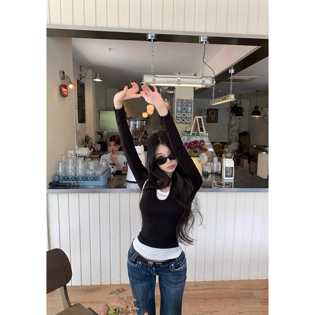 STR พร้อมส่ง🧺🍡เสื้อยืดแขนยาว เสื้อ2ชิ้นติดกัน ผ้าดีทรงเข้ารูป แต่งตัวง่ายใส่ได้ทุกวัน คิวีสีพื้น สไตล์ลำลองสำหรับผู้หญิง - รูปที่ 6