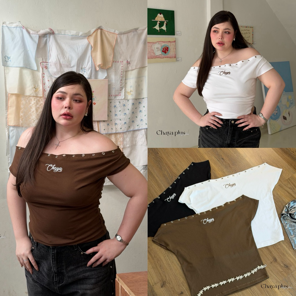 (LD) เสื้อปาดไหล่ แขนสั้น ผ้าสีพื้น ดีเทลเจาะตาไก่ ปักอก เท่ห์ เก๋ๆ เริ่ดเลยหล่ะ เสื้อผ้าสาวอวบอ้วน 