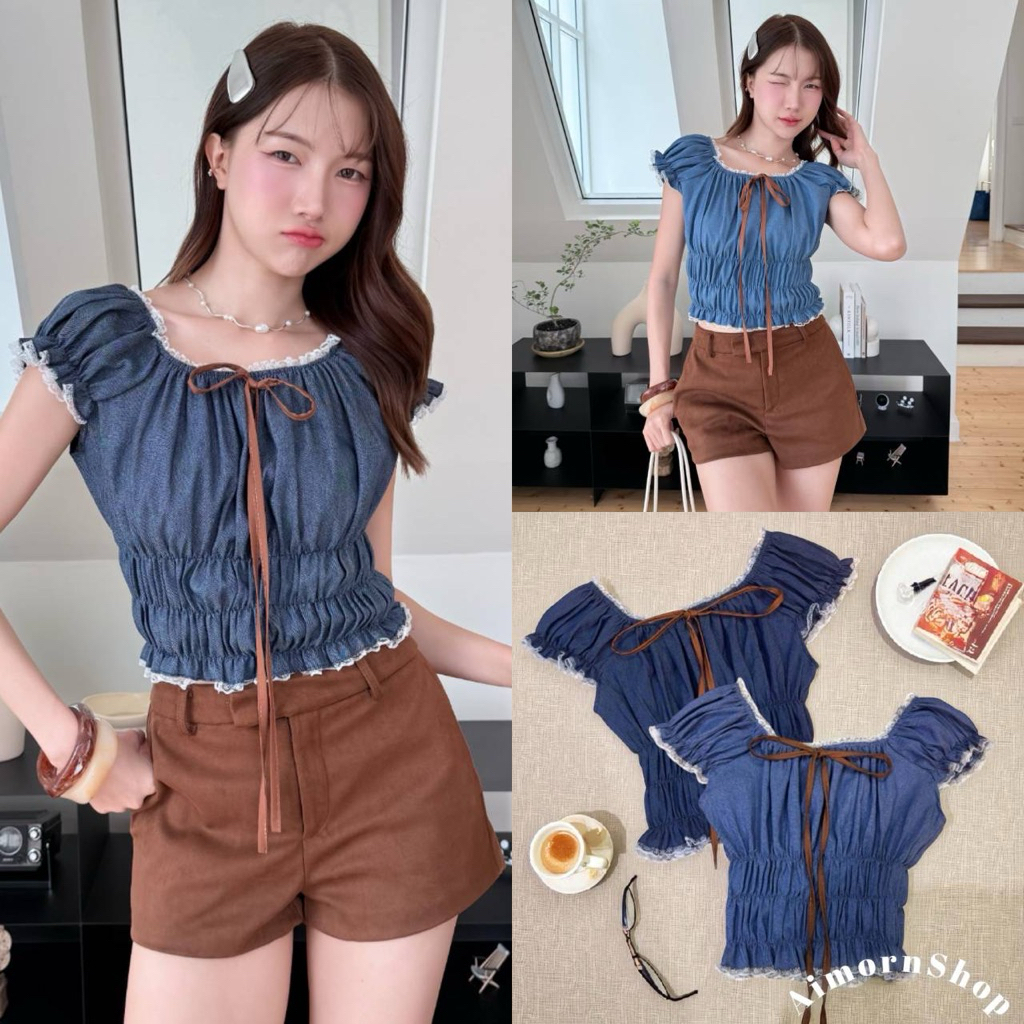 aimorn_shop เสื้อครอปแขนตุ๊กตา ติดขอบลูกไม้น่ารักมาก ตัดด้วยโบว์น้ำตาล สวยสุดๆ