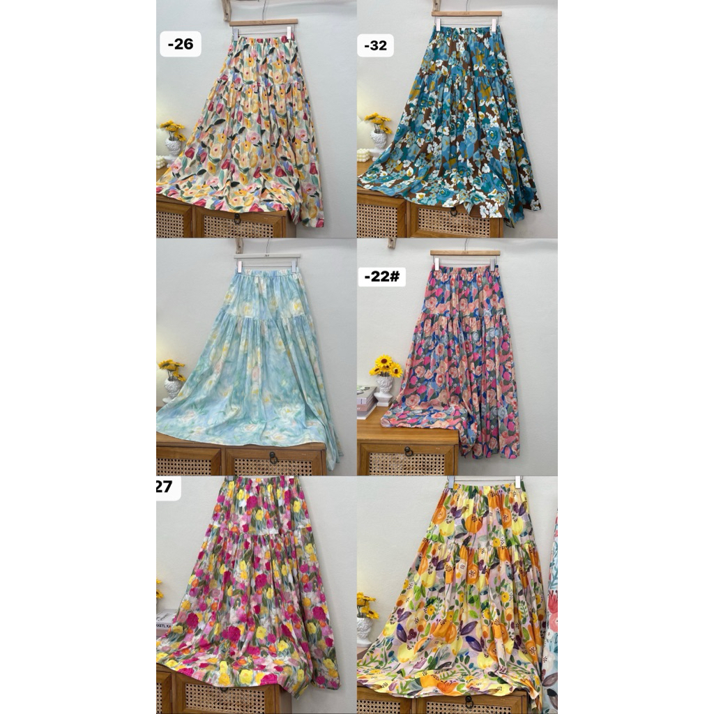 พร้อมส่งในไทย กระโปรงลายดอกตัวดัง Floral skirt ผ้าคอตตอนพิมพ์ลายสวนดอกไม้ สีสดใส เอวยางยืด ทรงบาน ฟรีไซส์ - รูปที่ 4