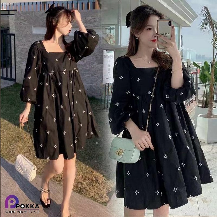 subscrub เสื้อผ้าสำหรับคุณแม่ ชุดคลุมท้องความยาวคลุมเข่า ชุดกระโปรงแฟชั่นสำหรับแม่ๆสีดำพิมพ์ลาย