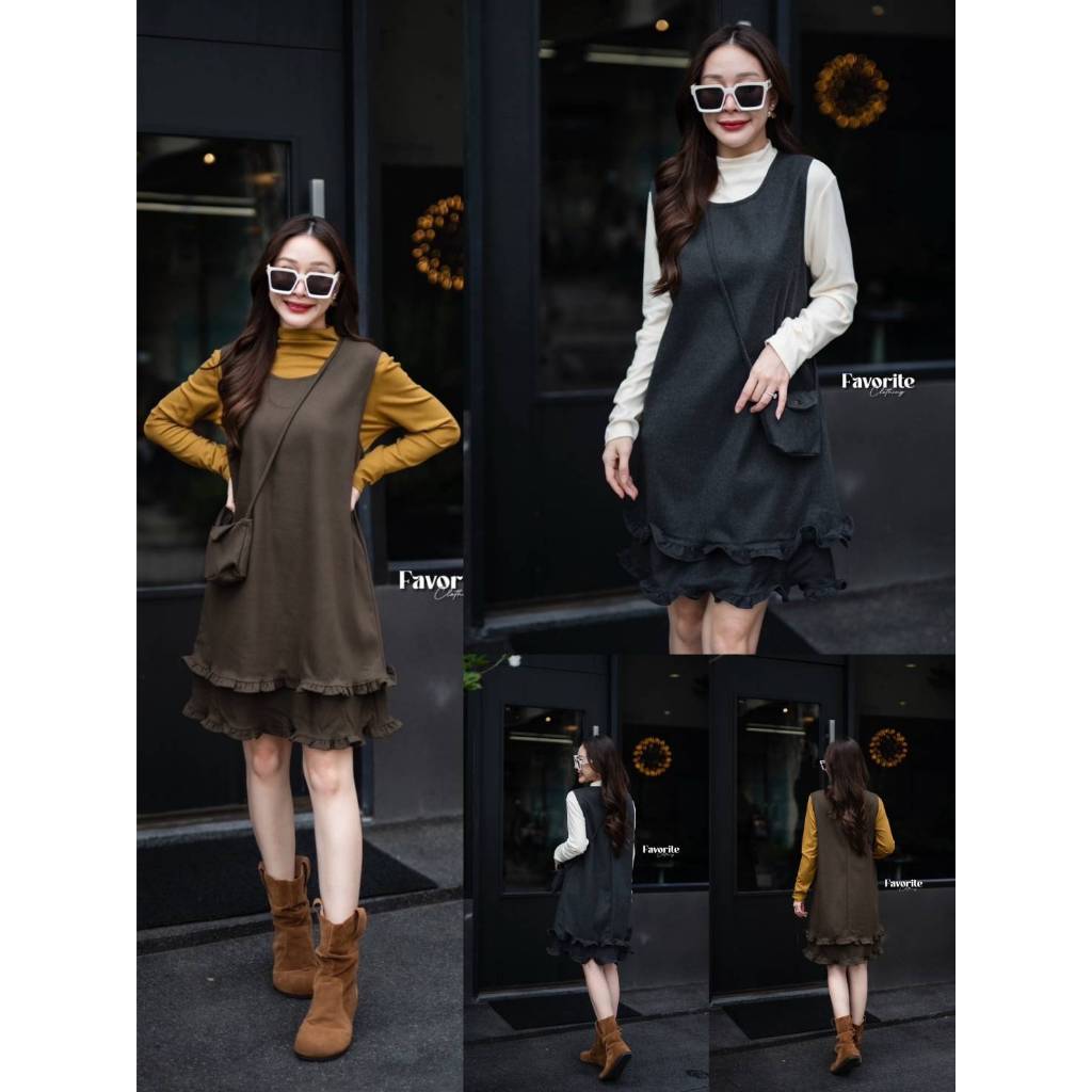 •FAVORITE• FVR 98296 Set เสื้อยืดแขนยาวคอปีน มาพร้อมมินิเดรสสีพื้น แต่งระบายชาย มีกระดุมคอด้านหลัง