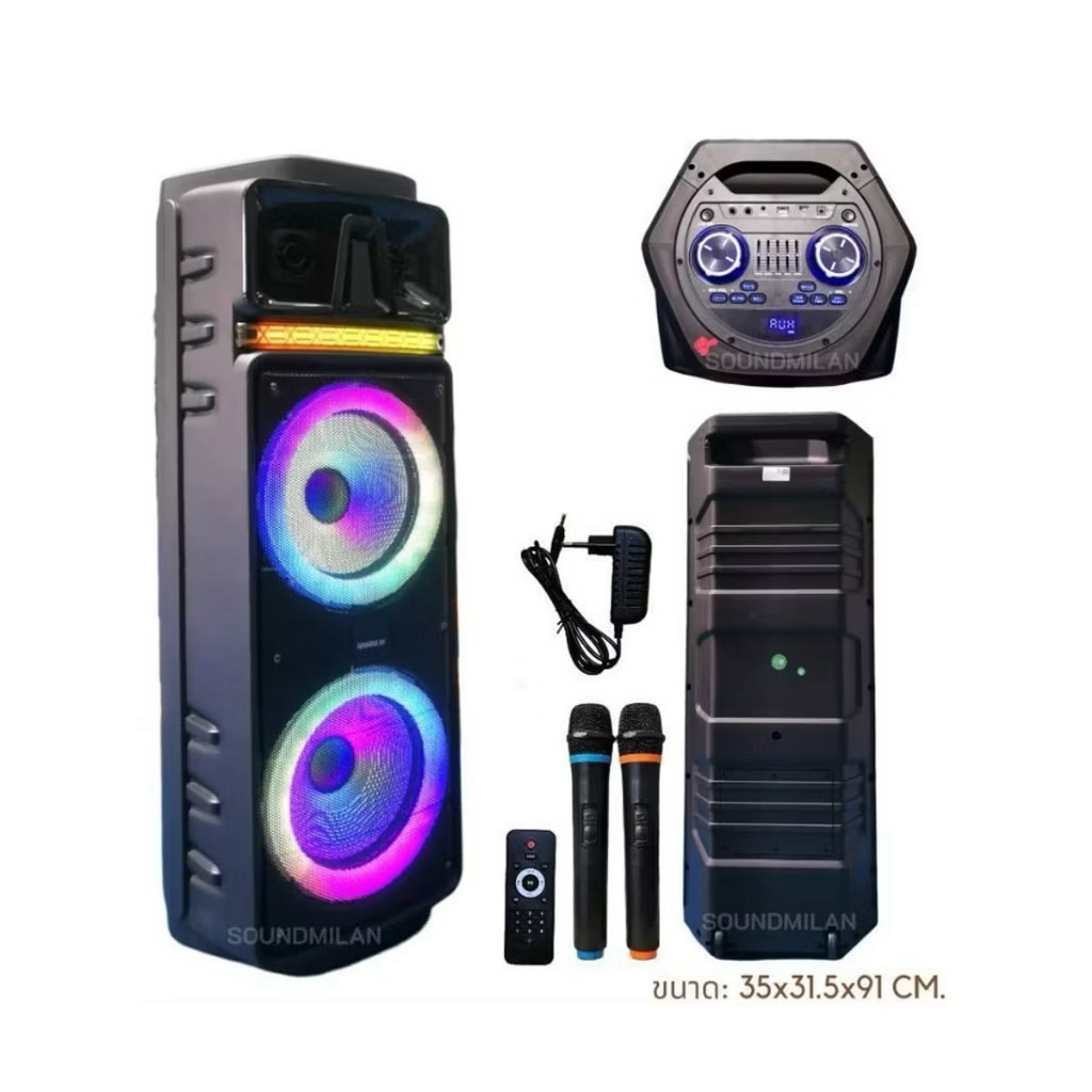 ไมค์โครโฟน ไร้สาย พร้อม ลำโพงอเนกประสงค์ ตู้ลำโพงแบบมีแอมป์ในตัว ลำโพงขนาด10นิ้ว x2ดอก ขยาย 4,000W P