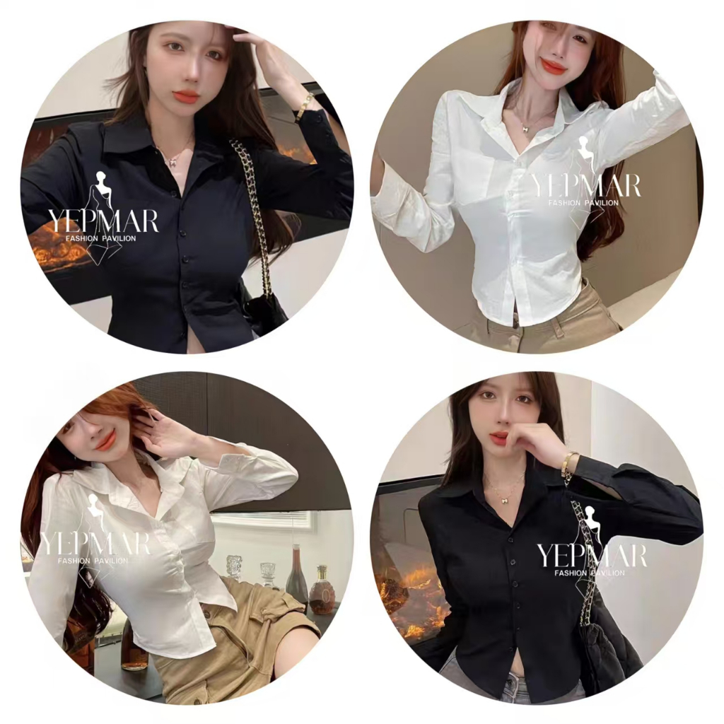 เสื้อเชิ้ตแขนยาวครอป เสื้อแฟชั่นผู้หญิง สไตล์เกาหลี เว้าเอว งานรัดรูป ผ้าคัตตอล Lady Clothing
