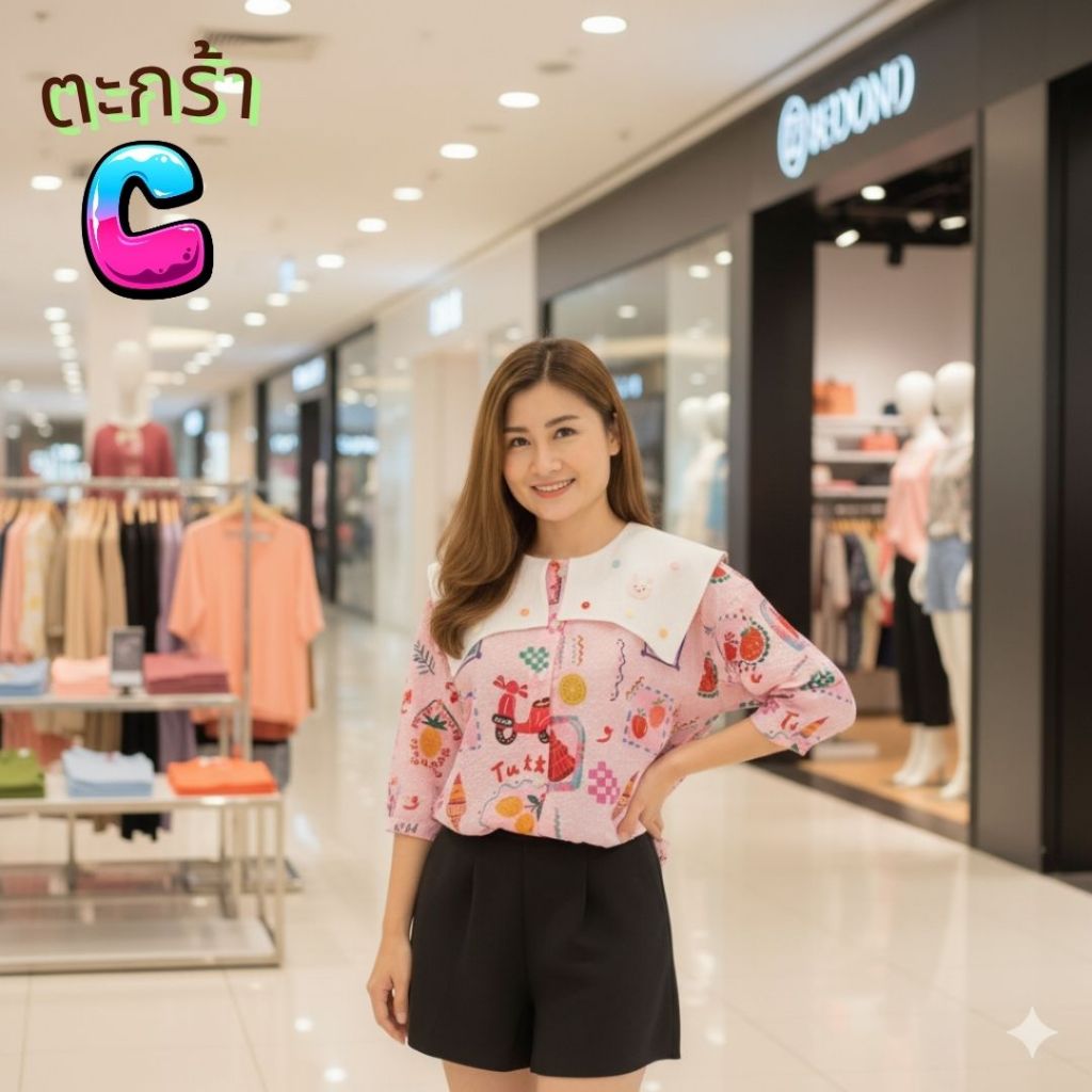 (C) เสื้อแฟชั่นแต่งคอปกระบายผ้าลูกไม้ฉลุ ลายน่ารักๆ สดใสเหมาะสำหรับลุคหวานๆ