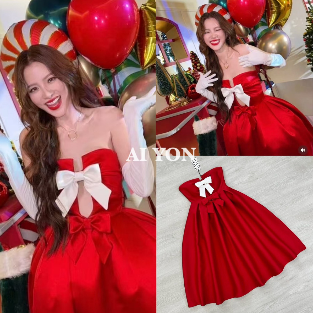 AY012 AIYON BRAND ชุดเดรสกระโปรงยาวเกาะอก มาพร้อม โบว์เข็มกลัดสีขาวและสีแดง [2PM]