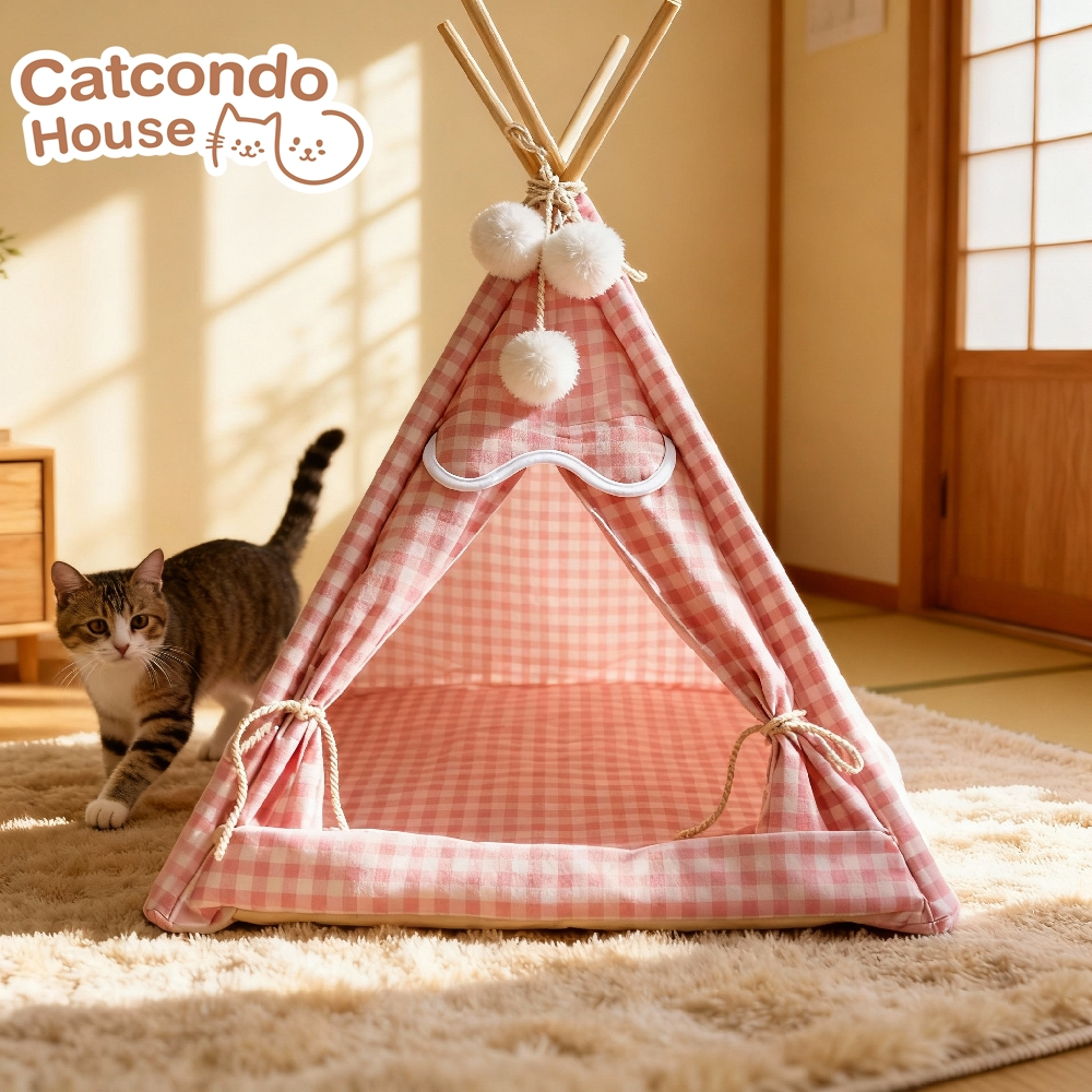 Cathouse เต็นท์แมว โบฮีเมีย สก๊อตชมพู ป่าต้นไม้ เต็นท์บ้านสัตว์เลี้ยง ทรงกระโจม ผ้าลินินพิมพ์ลาย