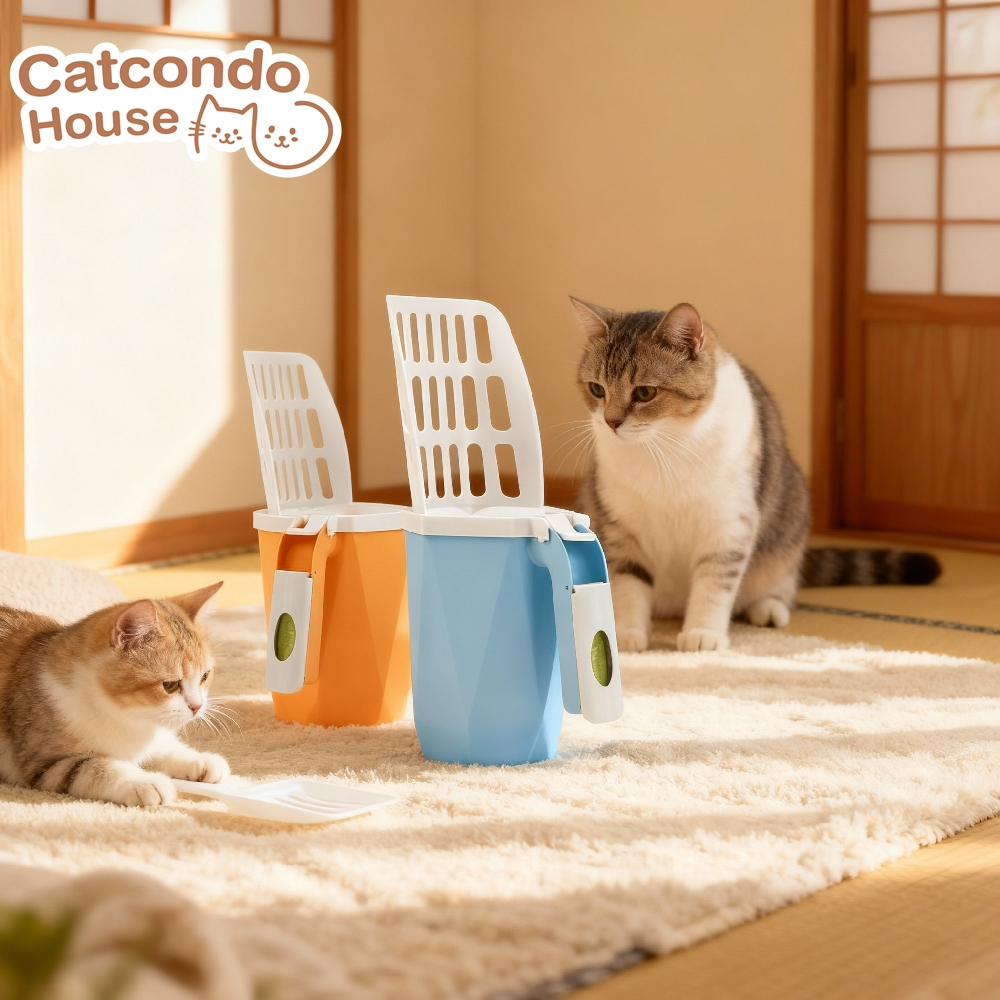 Cathouse ที่ทรายแบบพกพา ที่ตักทรายแมวพร้อมถังเก็บฝาปิดในตัว พลาสติกแข็งแรง ทนทาน ทำความสะอาดง่าย ใช้สำหรับตักอึแมว