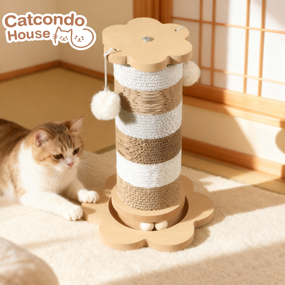 Cathouse เสาลับเล็บน้ำตาล-ขาว เสาลับเล็บแมวทรงดอกไม้พร้อมของเล่นและลูกบอลหมุน ของเล่นแมว รางบอลแมว